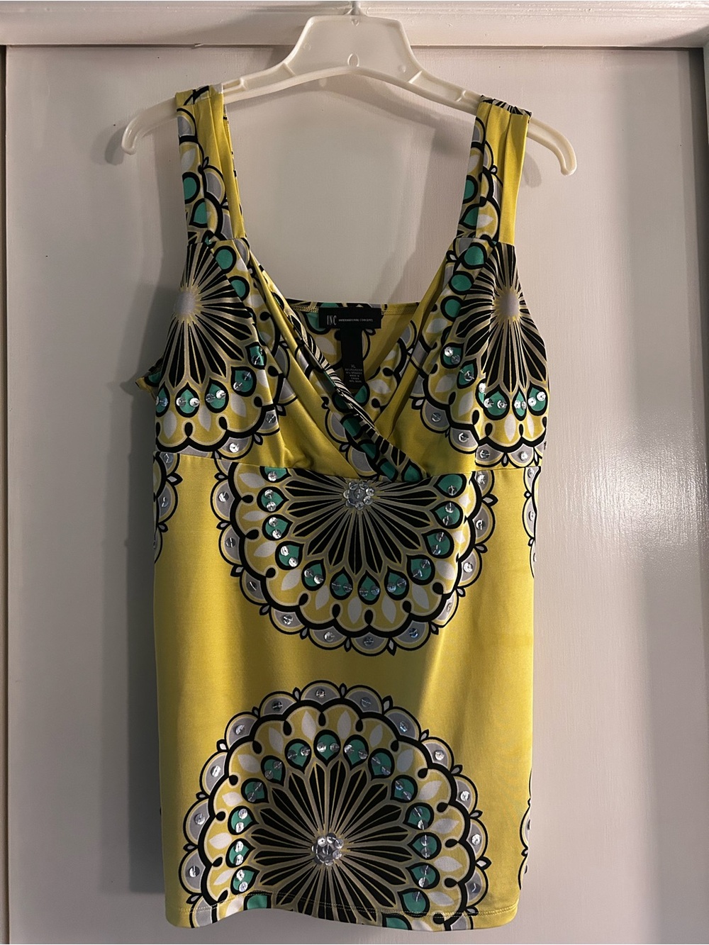 INC International Concepts Yellow Tank Top with Teal and Black Medallion Print
